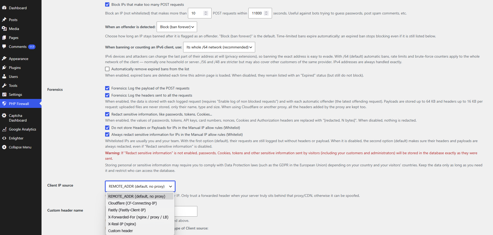 Different configuration options. Supporting IPv6, options for Forensics, block attacks via POST rate-limiting