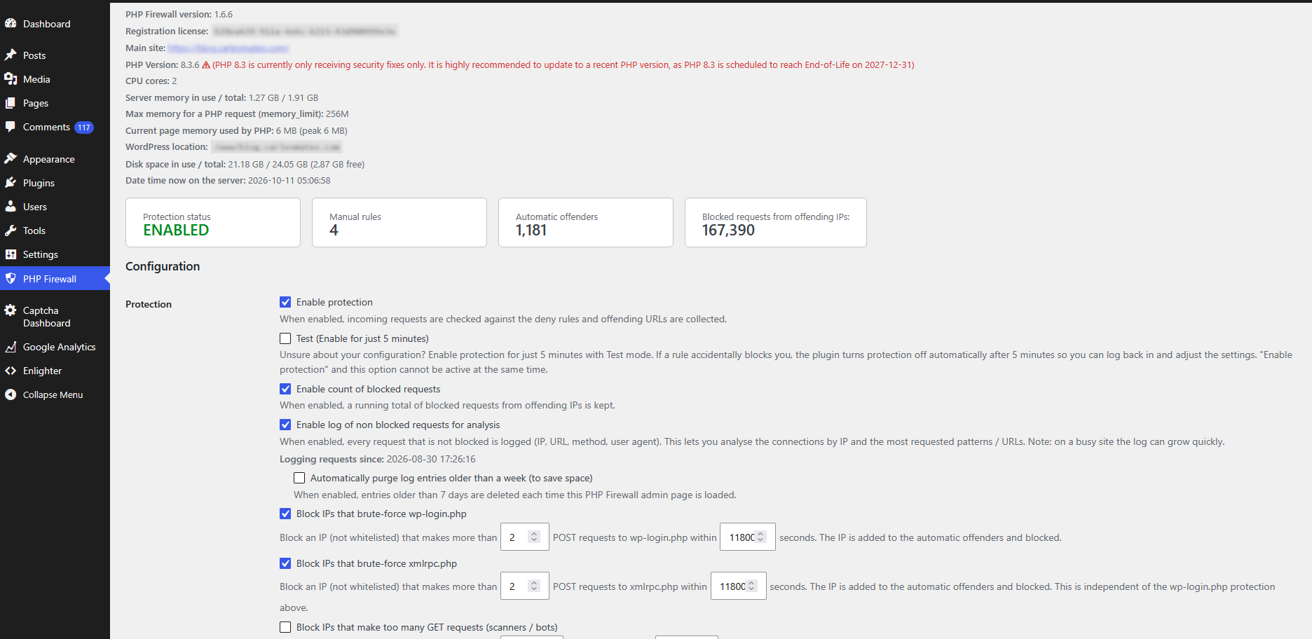 Real view in a WordPress site where has blocked more than 167,000 malicious request in one month. Information about memory, cores and disk space is displayed. Also warning about the PHP version. Config options to block attacks to xmlrpc and login
